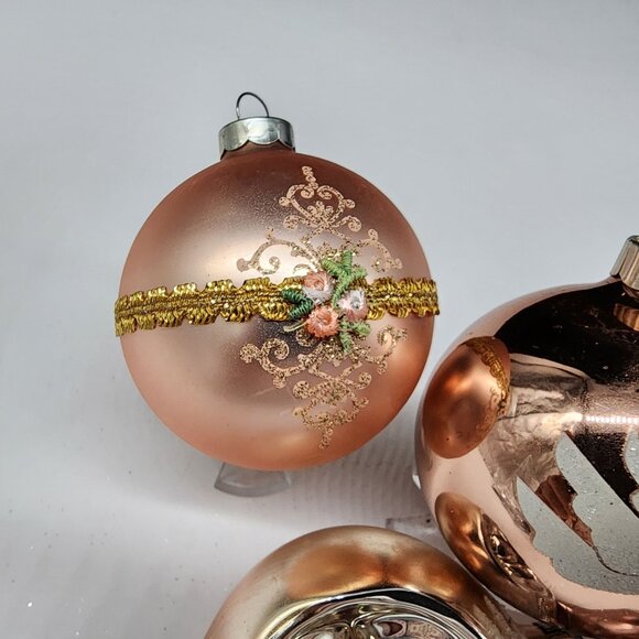 Vintage Rose Gold Glass Christmas Ornaments Set Of 5 With Floral & Dove Design - Picture 2 of 7